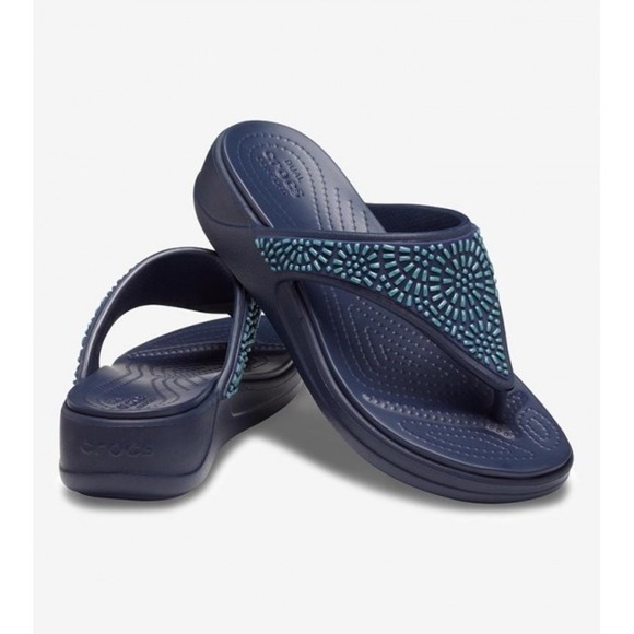 Crocs Monterey Diamante Flip Flops Sandals Women's Sz 7 Navy Blue Platform - Picture 1 of 6